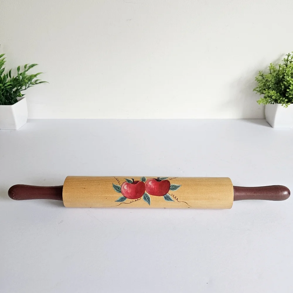 Vintage Decorative Wooden Rolling Pin with Red Apple Rustic Farmhouse Design